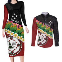 Frangipani Festival Rabaul East New Britain Couples Matching Long Sleeve Bodycon Dress and Long Sleeve Button Shirt Dukduk Dance With Plumeria - Polynesian Pride