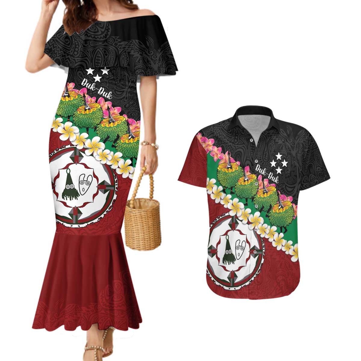 Frangipani Festival Rabaul East New Britain Couples Matching Mermaid Dress and Hawaiian Shirt Dukduk Dance With Plumeria - Polynesian Pride