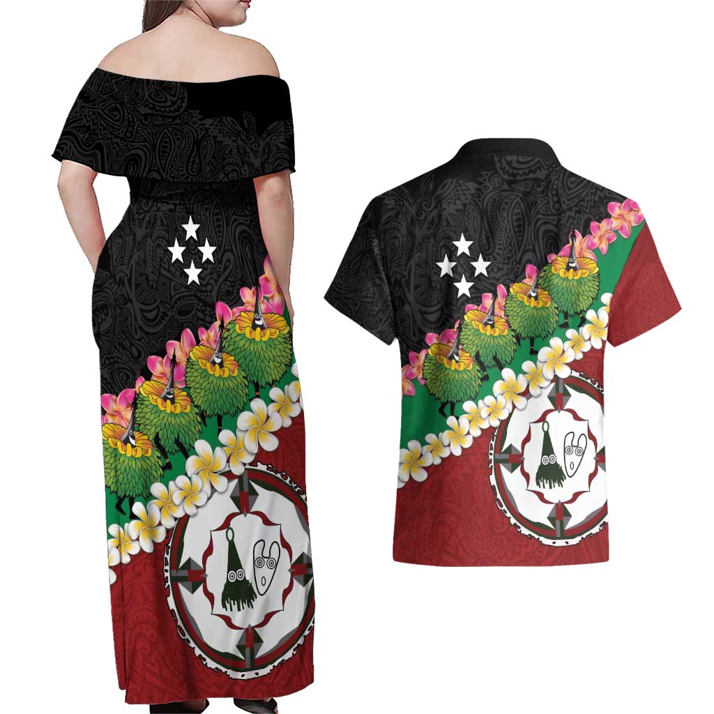 Frangipani Festival Rabaul East New Britain Couples Matching Off Shoulder Maxi Dress and Hawaiian Shirt Dukduk Dance With Plumeria - Polynesian Pride