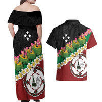 Frangipani Festival Rabaul East New Britain Couples Matching Off Shoulder Maxi Dress and Hawaiian Shirt Dukduk Dance With Plumeria - Polynesian Pride