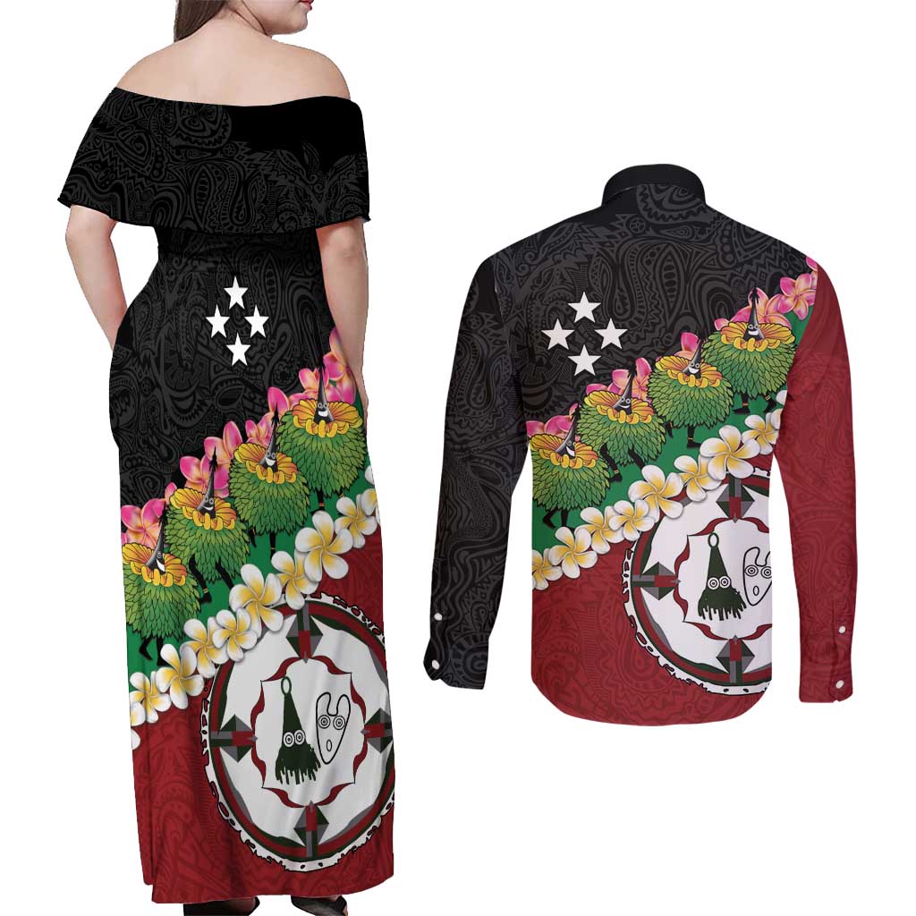 Frangipani Festival Rabaul East New Britain Couples Matching Off Shoulder Maxi Dress and Long Sleeve Button Shirt Dukduk Dance With Plumeria - Polynesian Pride