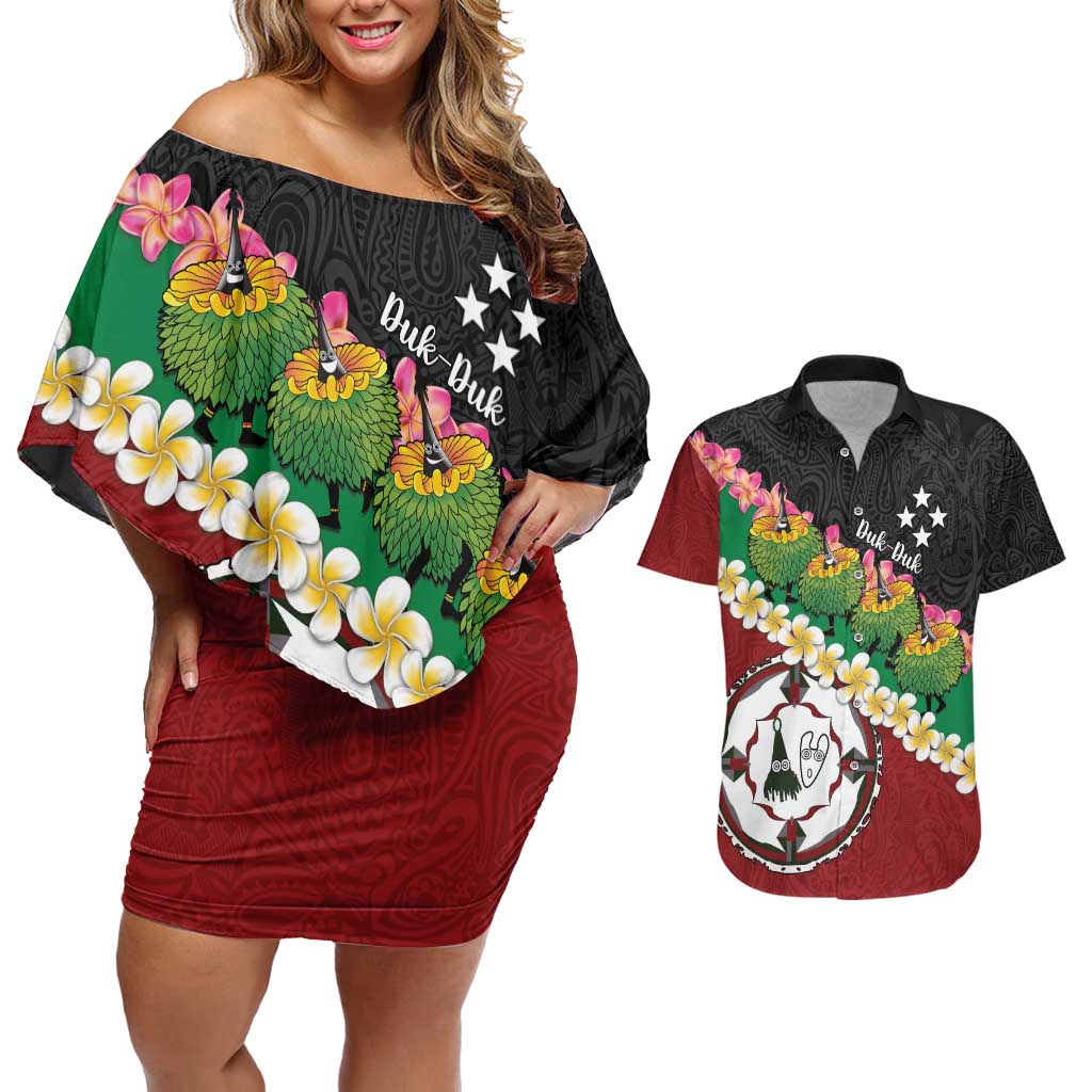 Frangipani Festival Rabaul East New Britain Couples Matching Off Shoulder Short Dress and Hawaiian Shirt Dukduk Dance With Plumeria - Polynesian Pride