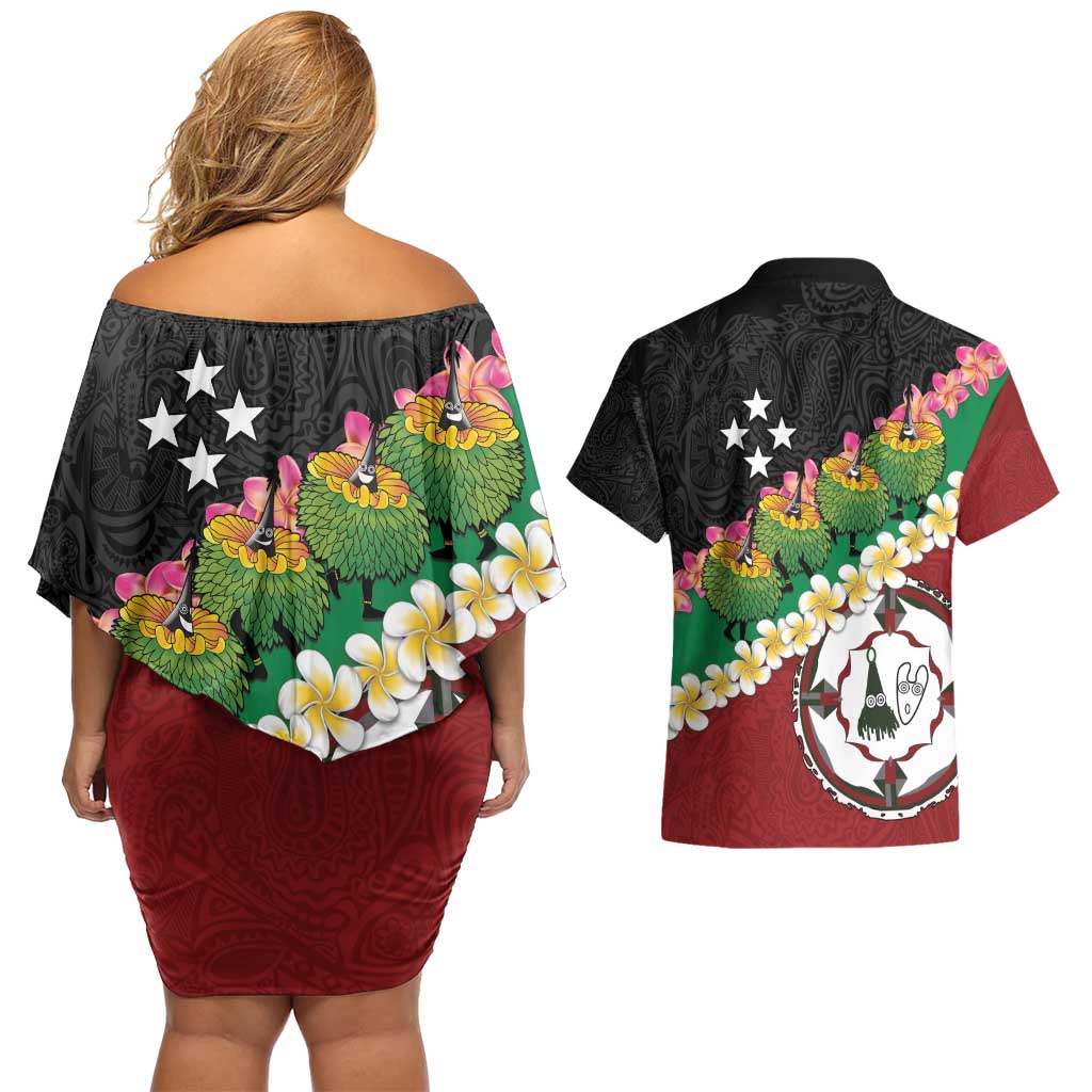 Frangipani Festival Rabaul East New Britain Couples Matching Off Shoulder Short Dress and Hawaiian Shirt Dukduk Dance With Plumeria - Polynesian Pride