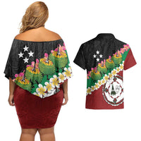 Frangipani Festival Rabaul East New Britain Couples Matching Off Shoulder Short Dress and Hawaiian Shirt Dukduk Dance With Plumeria - Polynesian Pride