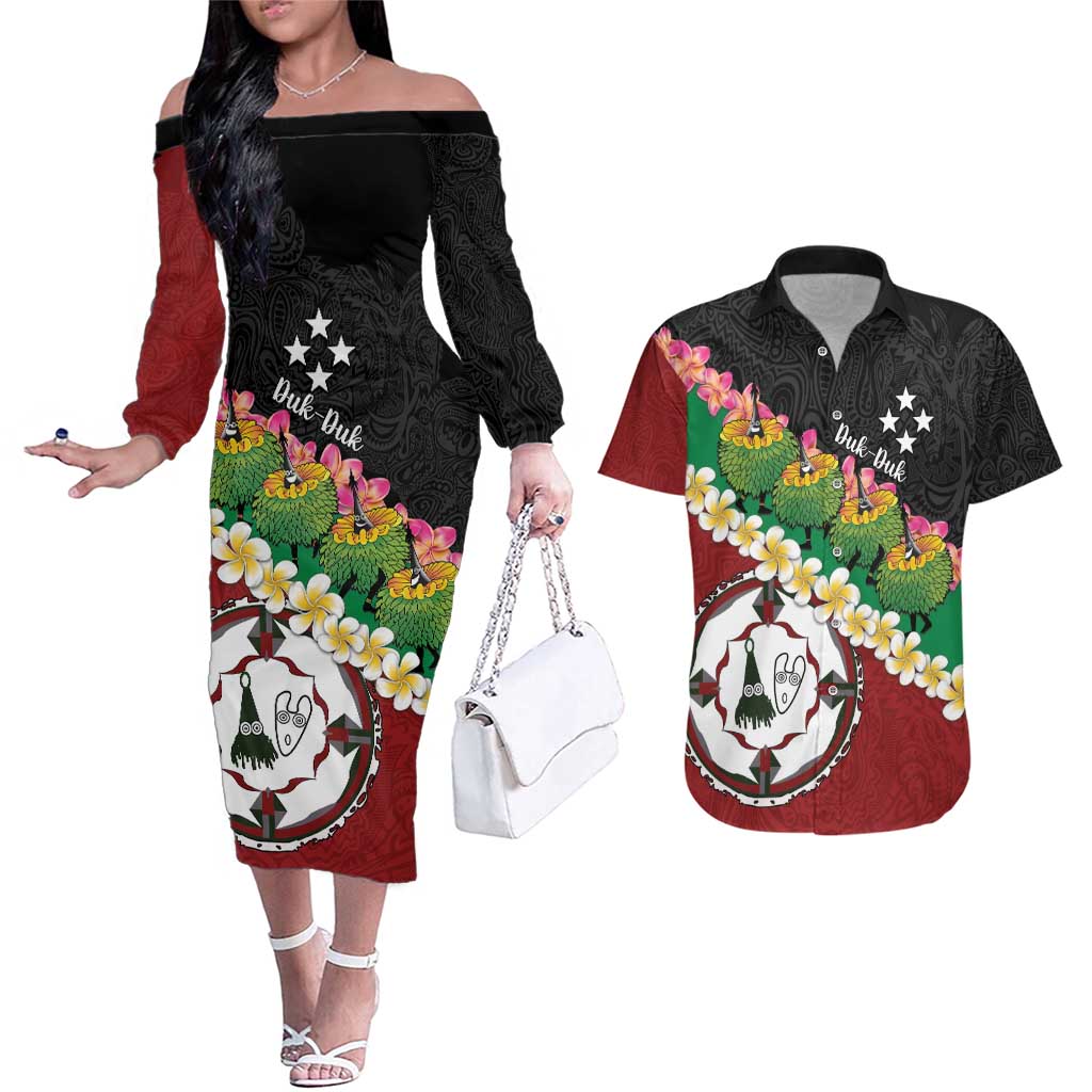 Frangipani Festival Rabaul East New Britain Couples Matching Off The Shoulder Long Sleeve Dress and Hawaiian Shirt Dukduk Dance With Plumeria - Polynesian Pride