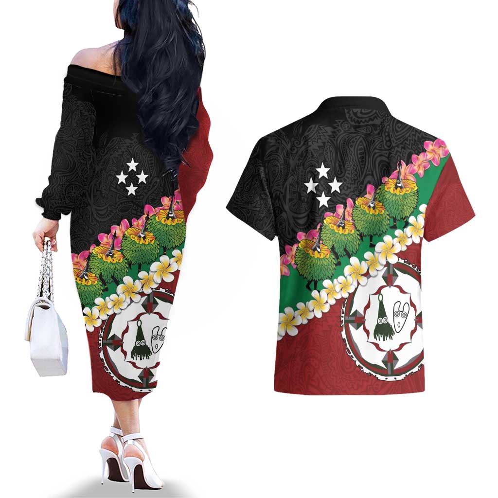 Frangipani Festival Rabaul East New Britain Couples Matching Off The Shoulder Long Sleeve Dress and Hawaiian Shirt Dukduk Dance With Plumeria - Polynesian Pride