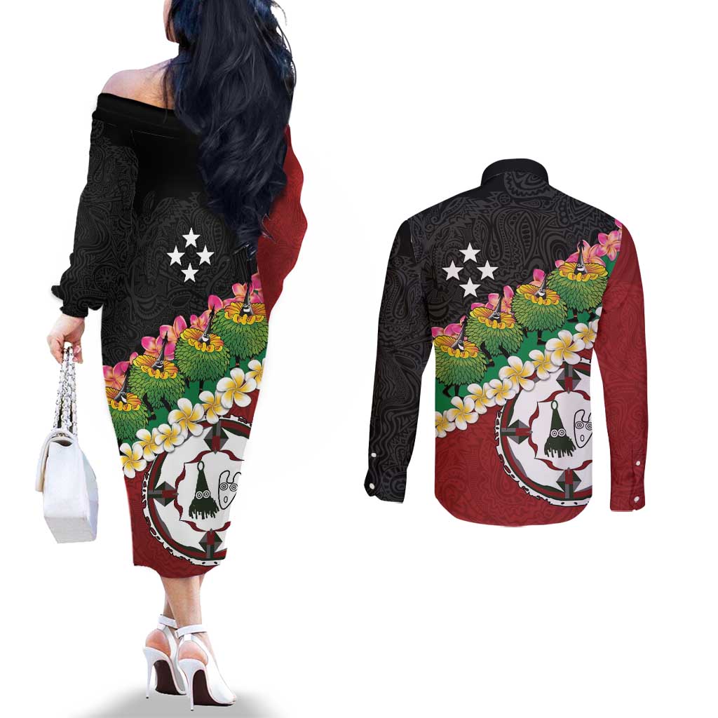 Frangipani Festival Rabaul East New Britain Couples Matching Off The Shoulder Long Sleeve Dress and Long Sleeve Button Shirt Dukduk Dance With Plumeria - Polynesian Pride