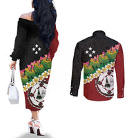 Frangipani Festival Rabaul East New Britain Couples Matching Off The Shoulder Long Sleeve Dress and Long Sleeve Button Shirt Dukduk Dance With Plumeria - Polynesian Pride