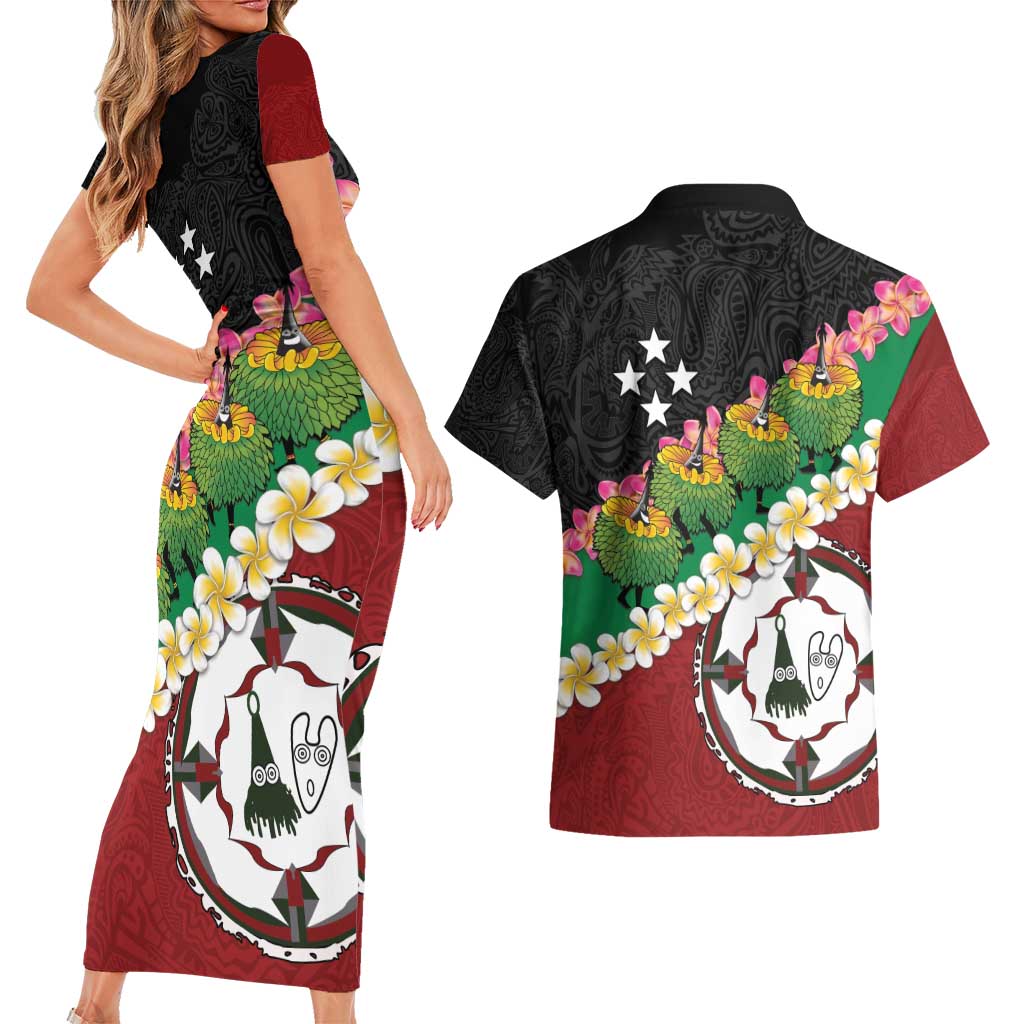 Frangipani Festival Rabaul East New Britain Couples Matching Short Sleeve Bodycon Dress and Hawaiian Shirt Dukduk Dance With Plumeria - Polynesian Pride