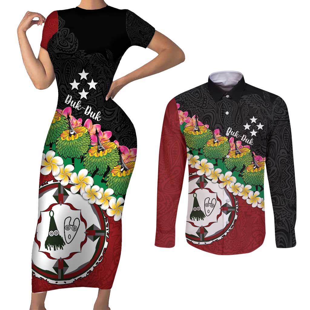 Frangipani Festival Rabaul East New Britain Couples Matching Short Sleeve Bodycon Dress and Long Sleeve Button Shirt Dukduk Dance With Plumeria - Polynesian Pride