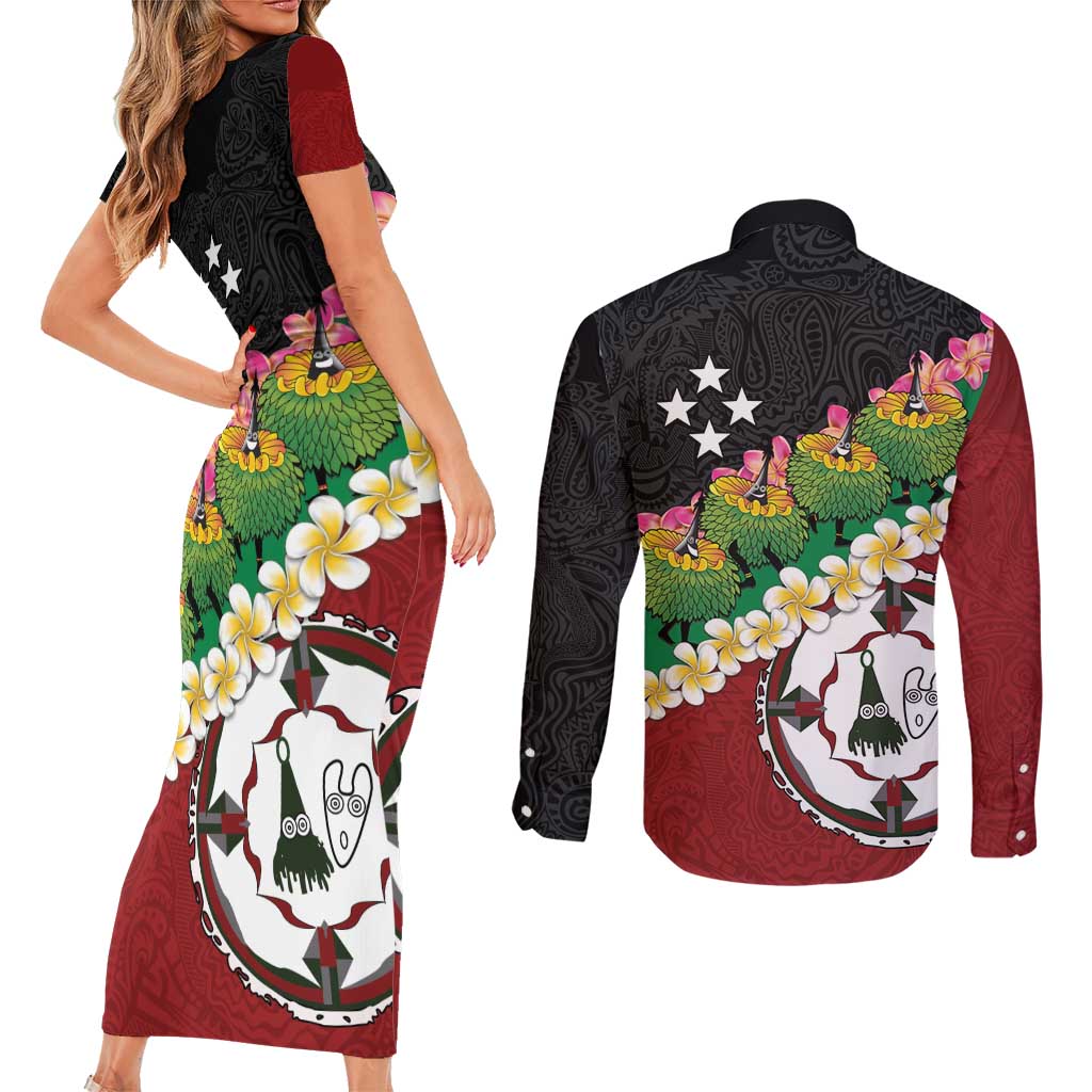 Frangipani Festival Rabaul East New Britain Couples Matching Short Sleeve Bodycon Dress and Long Sleeve Button Shirt Dukduk Dance With Plumeria - Polynesian Pride
