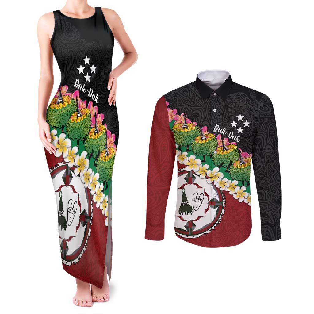 Frangipani Festival Rabaul East New Britain Couples Matching Tank Maxi Dress and Long Sleeve Button Shirt Dukduk Dance With Plumeria LT14 Red - Polynesian Pride