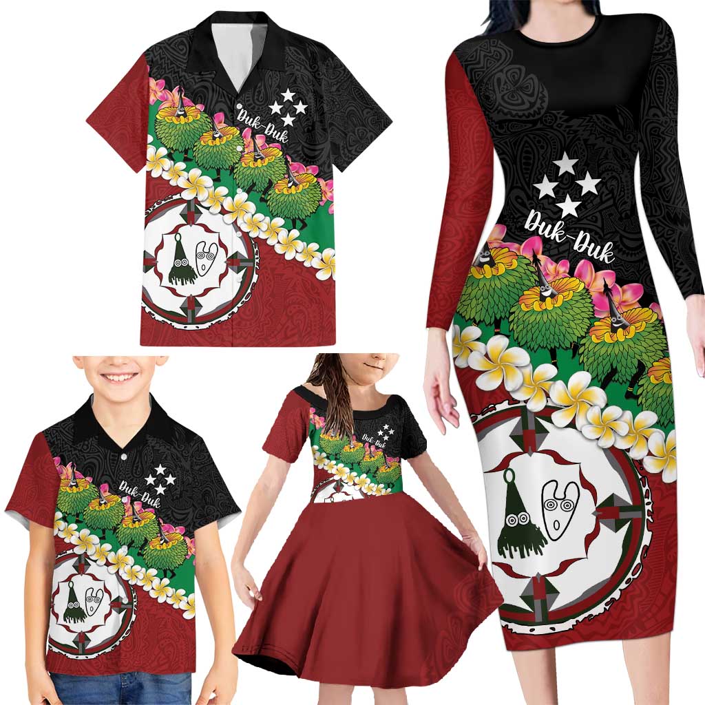 Frangipani Festival Rabaul East New Britain Family Matching Long Sleeve Bodycon Dress and Hawaiian Shirt Dukduk Dance With Plumeria - Polynesian Pride