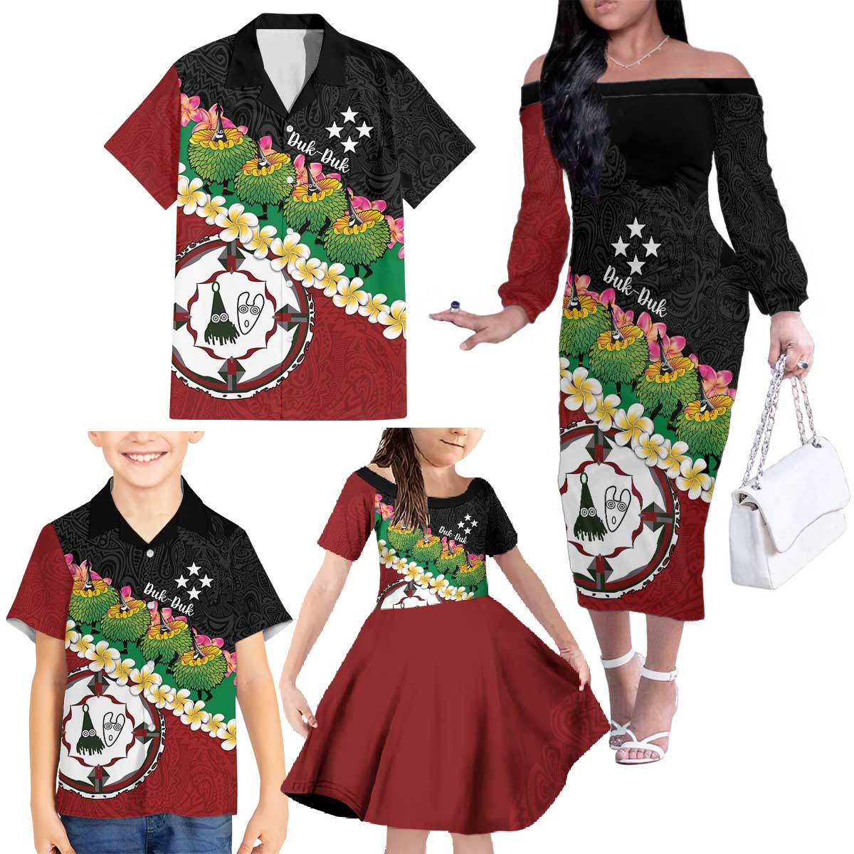 Frangipani Festival Rabaul East New Britain Family Matching Off The Shoulder Long Sleeve Dress and Hawaiian Shirt Dukduk Dance With Plumeria - Polynesian Pride