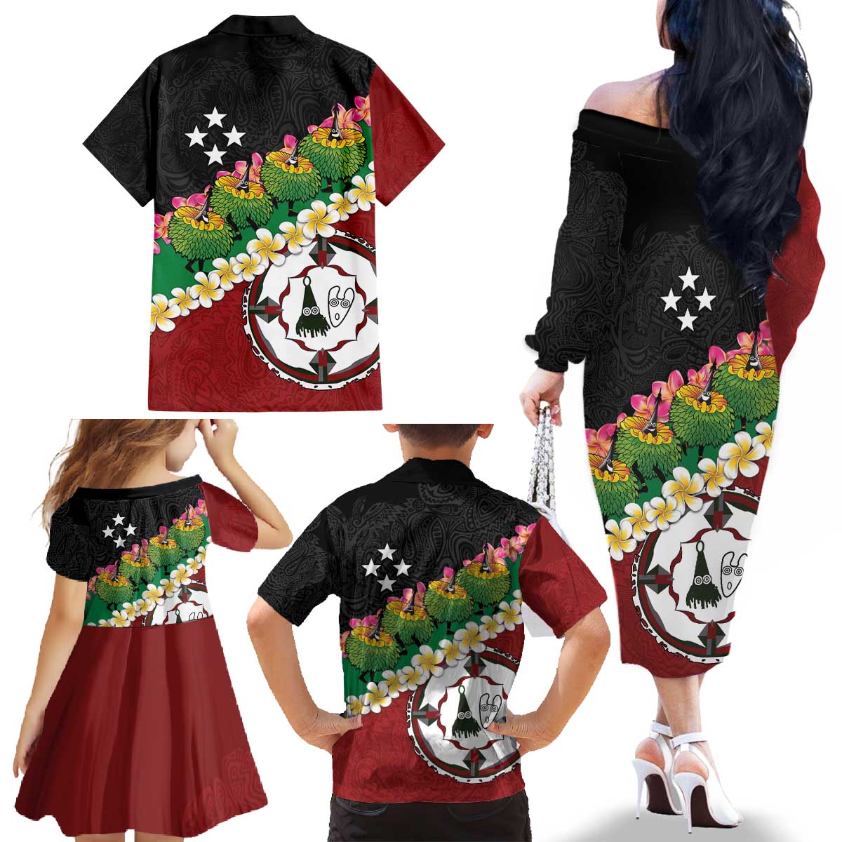 Frangipani Festival Rabaul East New Britain Family Matching Off The Shoulder Long Sleeve Dress and Hawaiian Shirt Dukduk Dance With Plumeria - Polynesian Pride