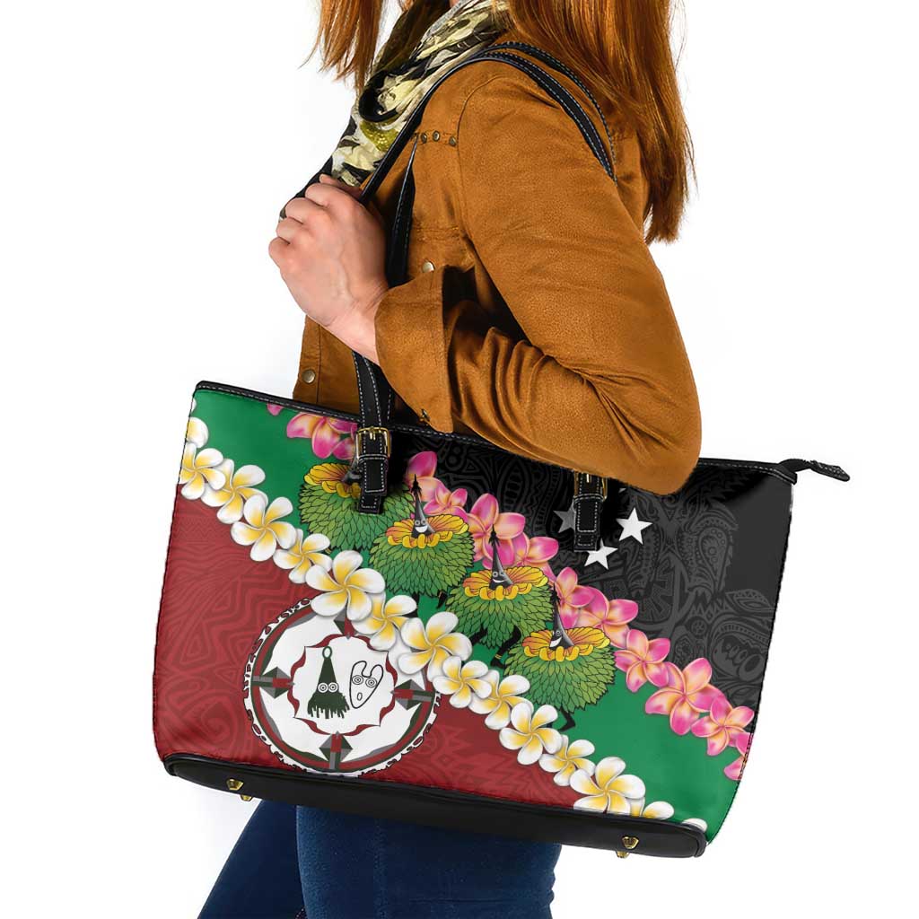 Frangipani Festival Rabaul East New Britain Leather Tote Bag Dukduk Dance With Plumeria - Polynesian Pride