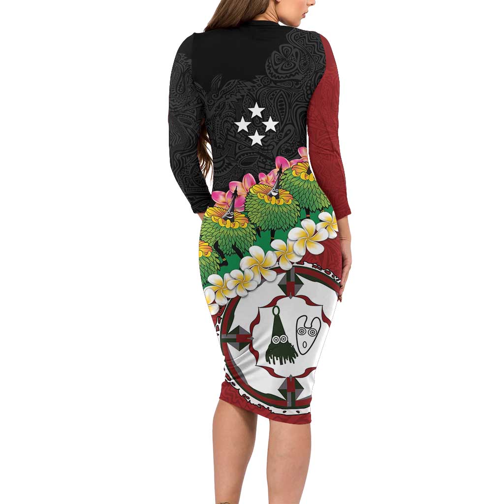 Frangipani Festival Rabaul East New Britain Long Sleeve Bodycon Dress Dukduk Dance With Plumeria - Polynesian Pride