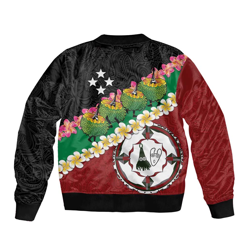 Frangipani Festival Rabaul East New Britain Sleeve Zip Bomber Jacket Dukduk Dance With Plumeria - Polynesian Pride