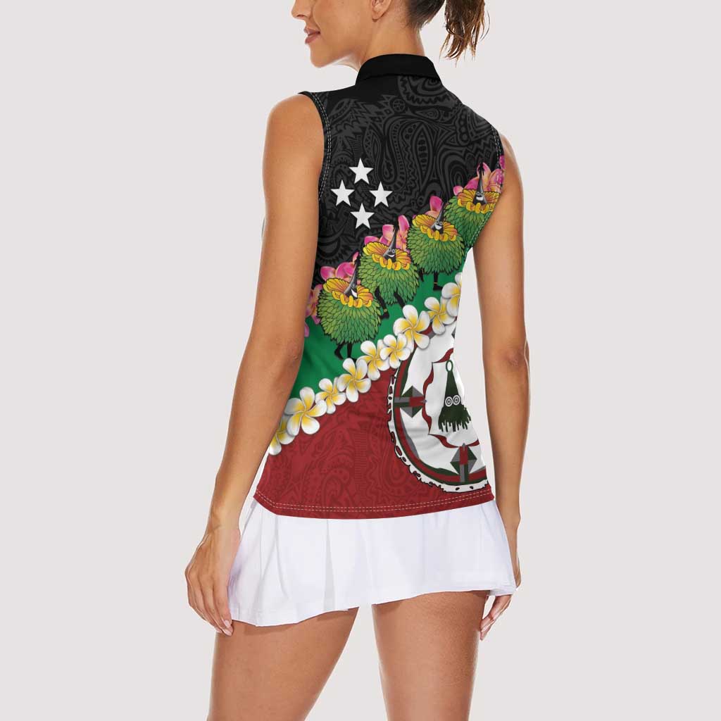 Frangipani Festival Rabaul East New Britain Women Sleeveless Polo Shirt Dukduk Dance With Plumeria - Polynesian Pride