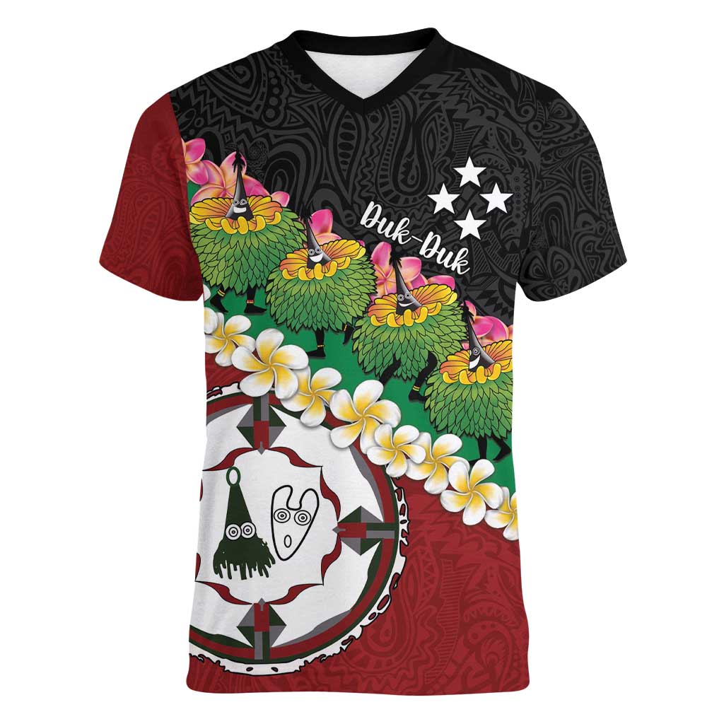 Frangipani Festival Rabaul East New Britain Women V-Neck T-Shirt Dukduk Dance With Plumeria - Polynesian Pride