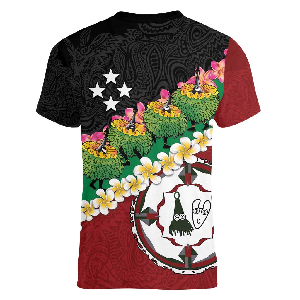 Frangipani Festival Rabaul East New Britain Women V-Neck T-Shirt Dukduk Dance With Plumeria - Polynesian Pride