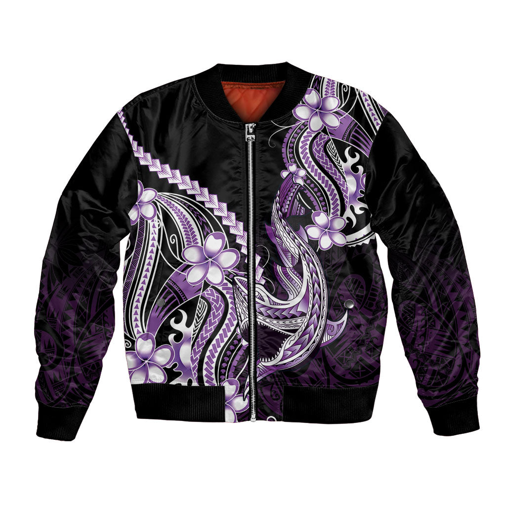 Purple Black Aloha Hawaii Bomber Jacket Polynesian Shark Tattoo Plumeria