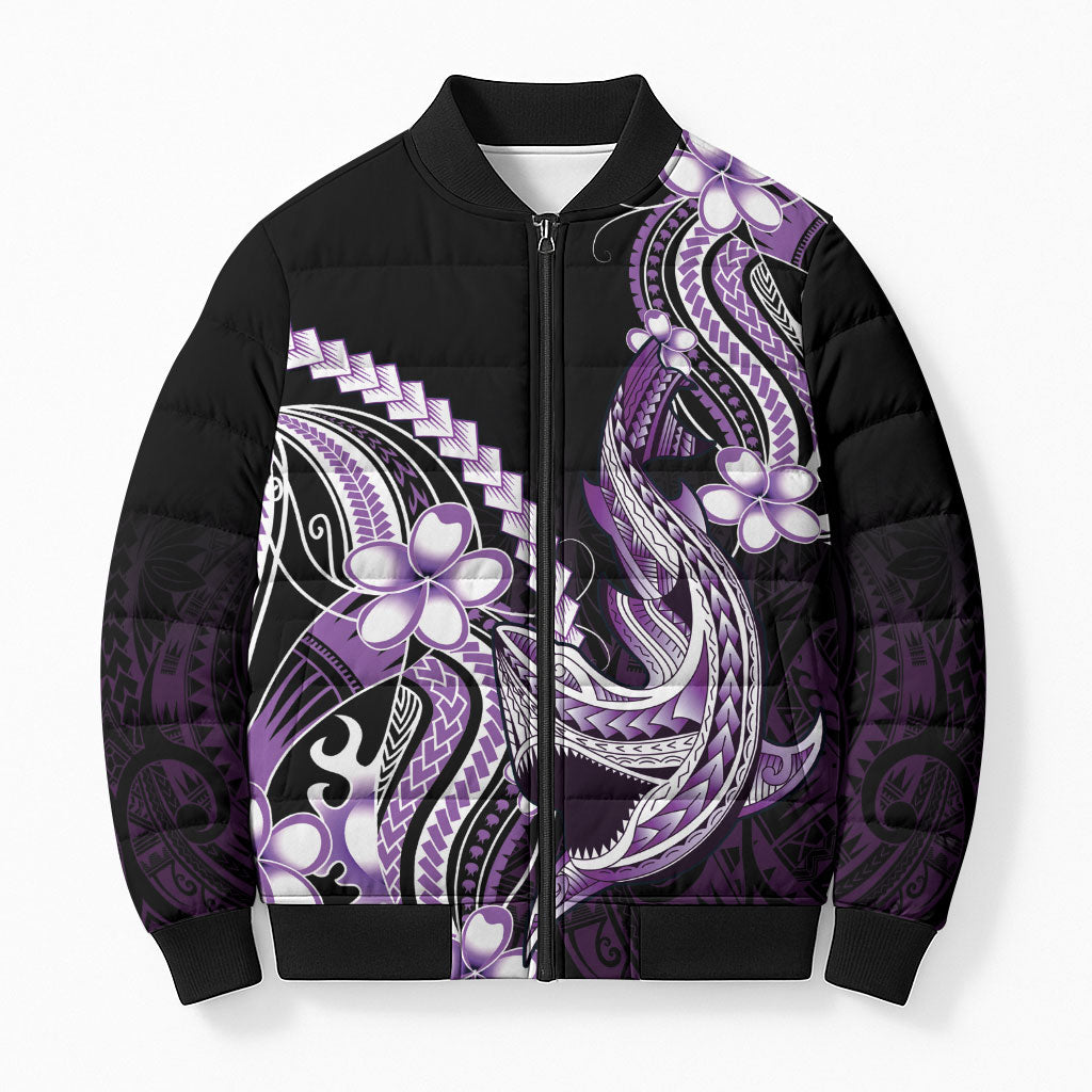 Purple Black Aloha Hawaii Bomber Puffer Jacket Polynesian Shark Tattoo Plumeria