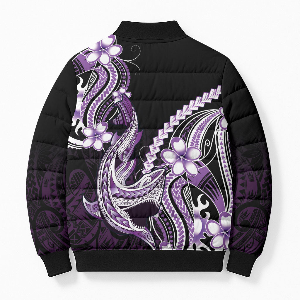 Purple Black Aloha Hawaii Bomber Puffer Jacket Polynesian Shark Tattoo Plumeria