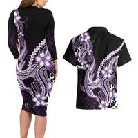 Purple Black Aloha Hawaii Couples Matching Long Sleeve Bodycon Dress and Hawaiian Shirt Polynesian Shark Tattoo Plumeria