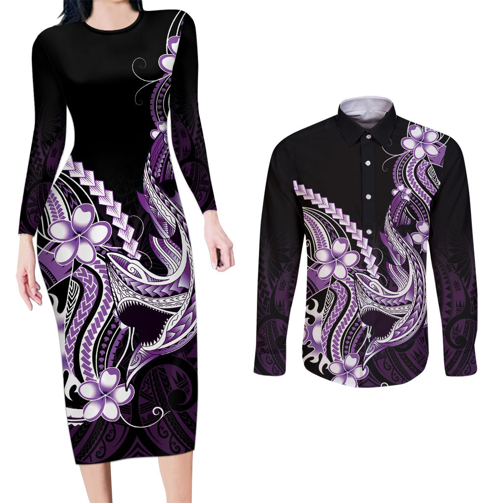 Purple Black Aloha Hawaii Couples Matching Long Sleeve Bodycon Dress and Long Sleeve Button Shirt Polynesian Shark Tattoo Plumeria