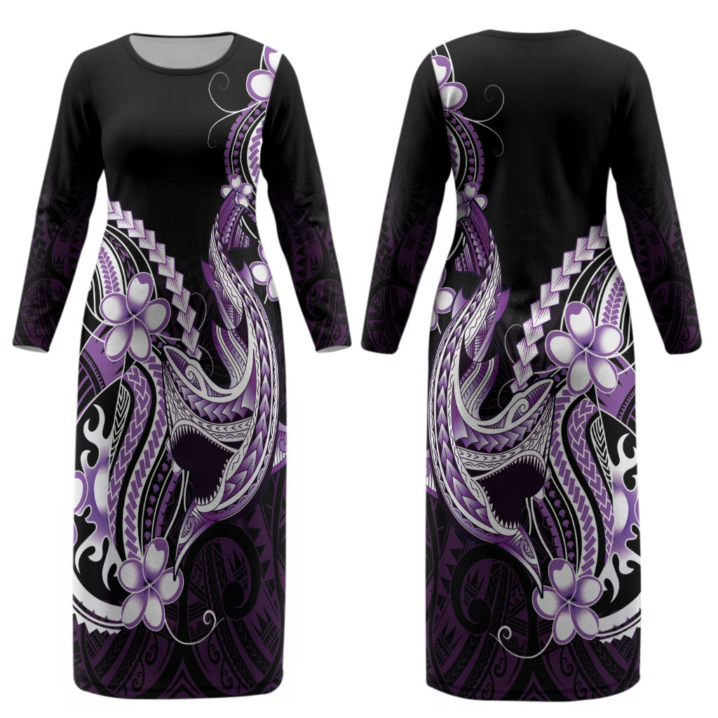 Purple Black Aloha Hawaii Couples Matching Long Sleeve Bodycon Dress and Long Sleeve Button Shirt Polynesian Shark Tattoo Plumeria LT14 - Polynesian Pride