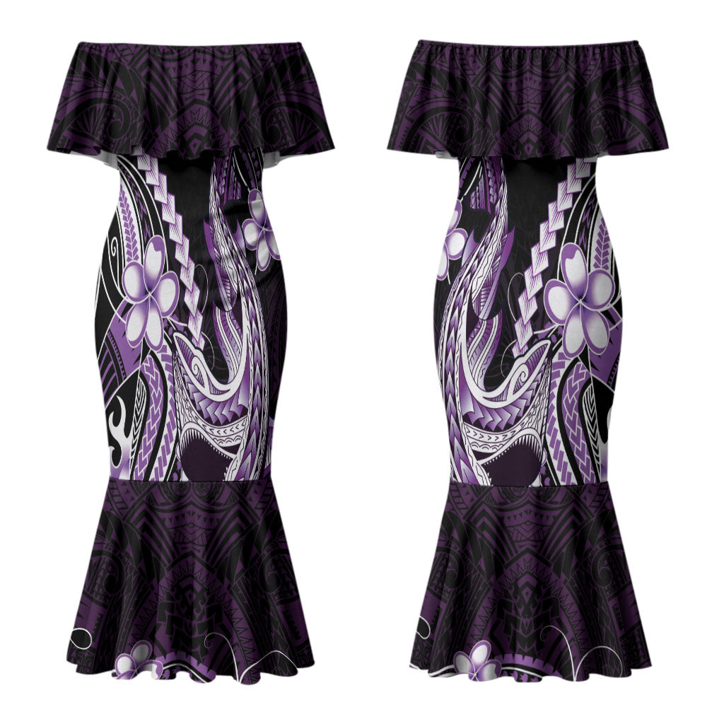 Purple Black Aloha Hawaii Couples Matching Mermaid Dress and Hawaiian Shirt Polynesian Shark Tattoo Plumeria LT14 - Polynesian Pride