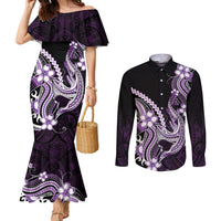 Purple Black Aloha Hawaii Couples Matching Mermaid Dress and Long Sleeve Button Shirt Polynesian Shark Tattoo Plumeria