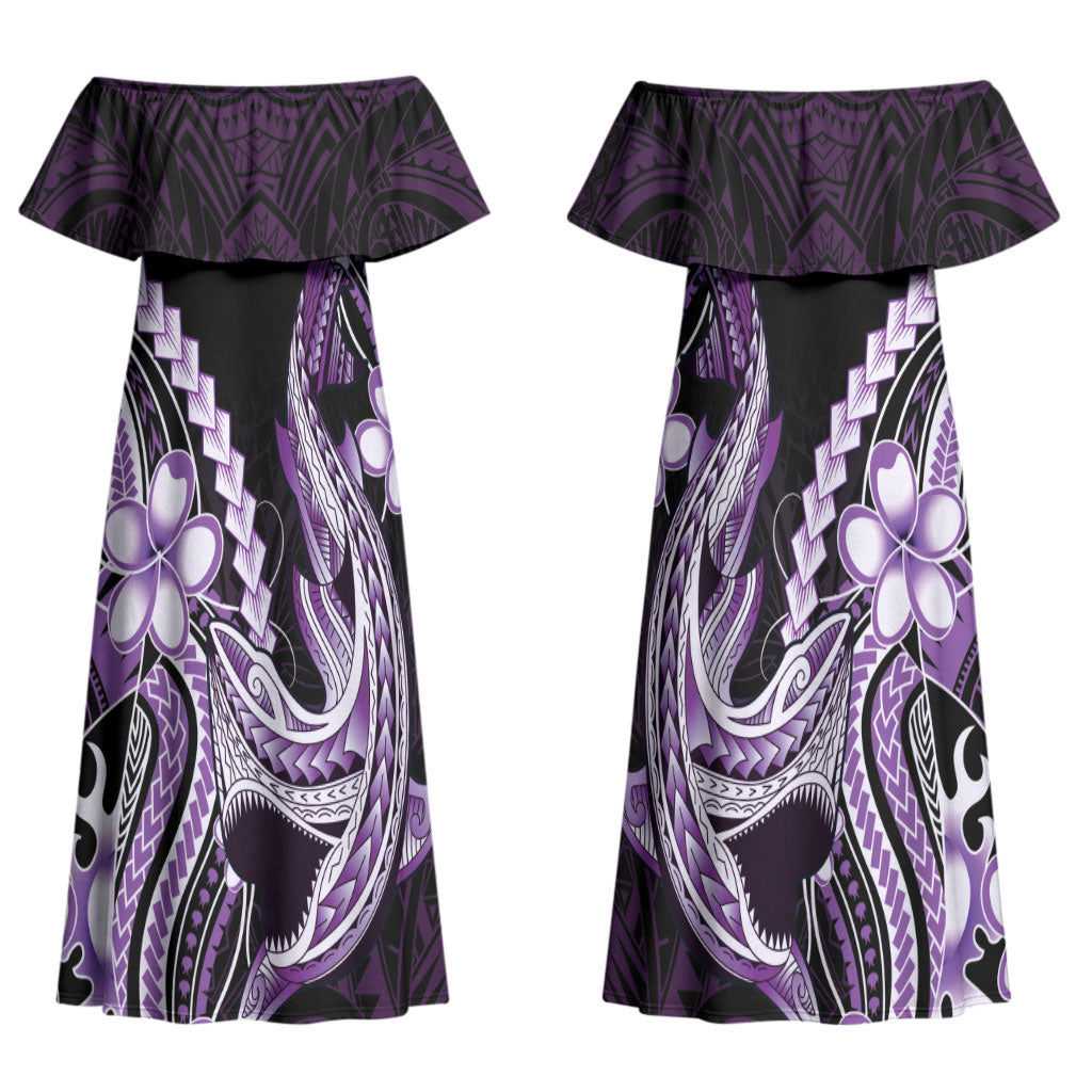 Purple Black Aloha Hawaii Couples Matching Off Shoulder Maxi Dress and Hawaiian Shirt Polynesian Shark Tattoo Plumeria LT14 - Polynesian Pride