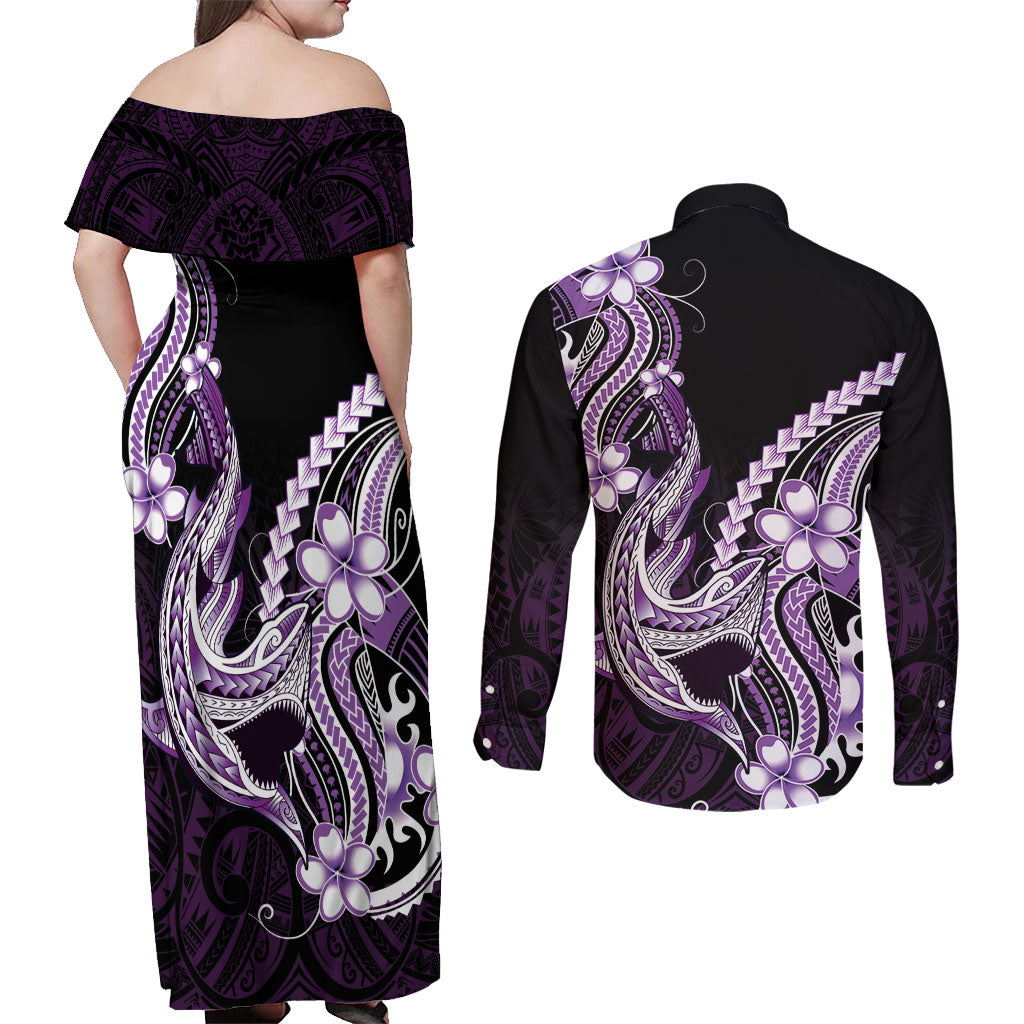 Purple Black Aloha Hawaii Couples Matching Off Shoulder Maxi Dress and Long Sleeve Button Shirt Polynesian Shark Tattoo Plumeria