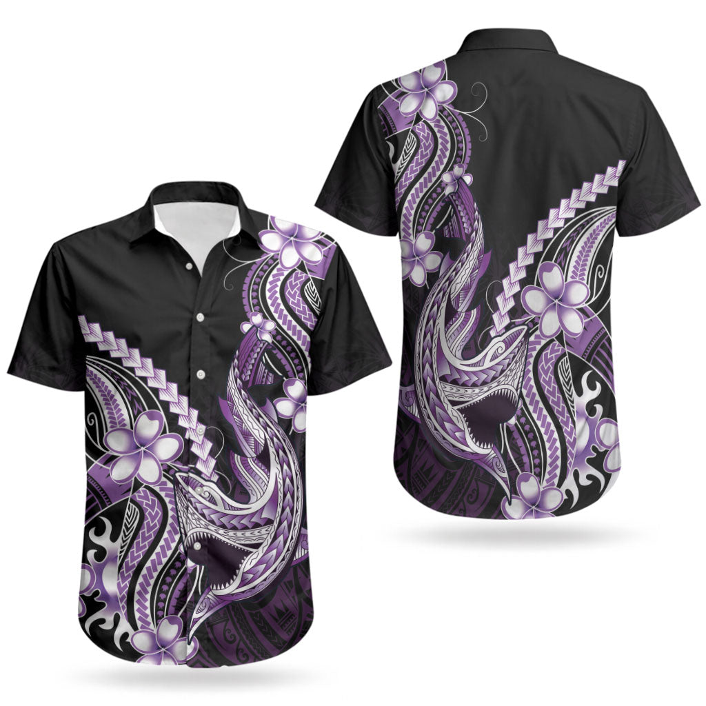 Purple Black Aloha Hawaii Couples Matching Off Shoulder Short Dress and Hawaiian Shirt Polynesian Shark Tattoo Plumeria LT14 - Polynesian Pride