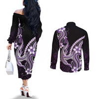 Purple Black Aloha Hawaii Couples Matching Off The Shoulder Long Sleeve Dress and Long Sleeve Button Shirt Polynesian Shark Tattoo Plumeria