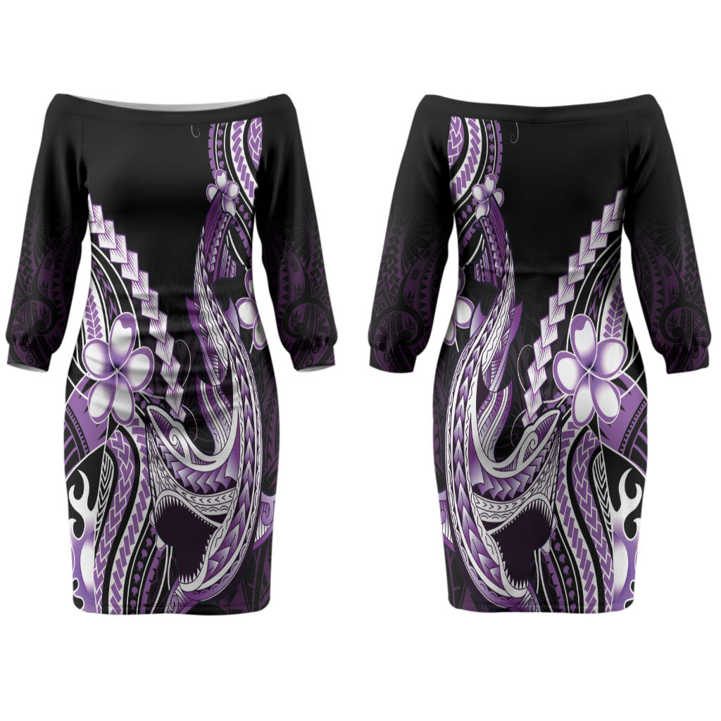 Purple Black Aloha Hawaii Couples Matching Off The Shoulder Long Sleeve Dress and Long Sleeve Button Shirt Polynesian Shark Tattoo Plumeria LT14 - Polynesian Pride