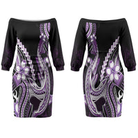 Purple Black Aloha Hawaii Couples Matching Off The Shoulder Long Sleeve Dress and Long Sleeve Button Shirt Polynesian Shark Tattoo Plumeria LT14 - Polynesian Pride