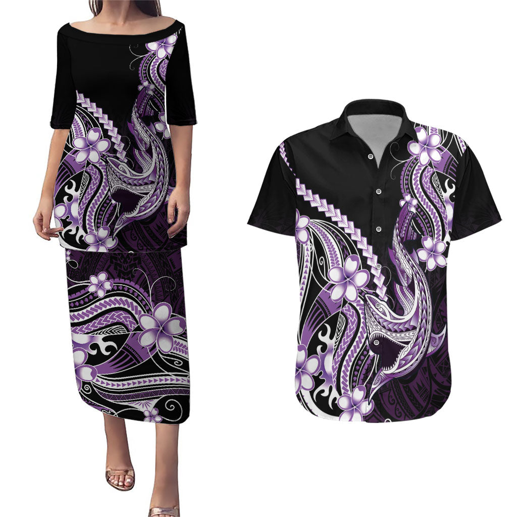 Purple Black Aloha Hawaii Couples Matching Puletasi and Hawaiian Shirt Polynesian Shark Tattoo Plumeria