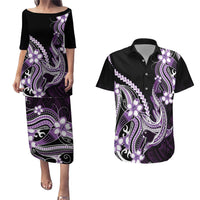 Purple Black Aloha Hawaii Couples Matching Puletasi and Hawaiian Shirt Polynesian Shark Tattoo Plumeria