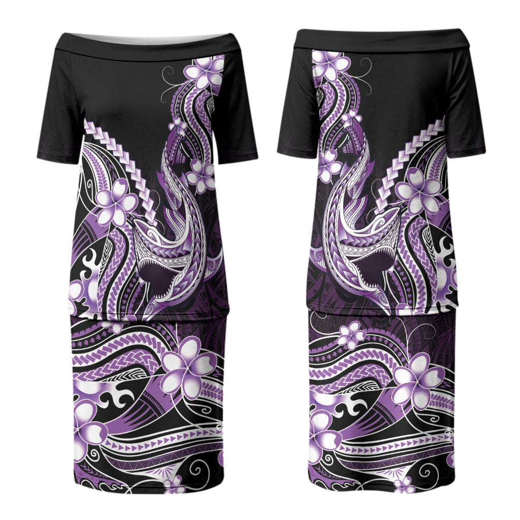 Purple Black Aloha Hawaii Couples Matching Puletasi and Long Sleeve Button Shirt Polynesian Shark Tattoo Plumeria LT14 - Polynesian Pride