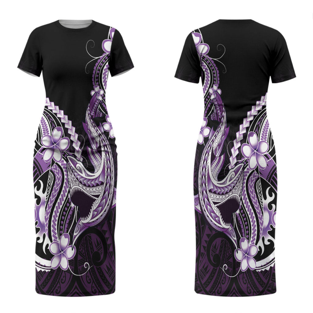 Purple Black Aloha Hawaii Couples Matching Short Sleeve Bodycon Dress and Long Sleeve Button Shirt Polynesian Shark Tattoo Plumeria LT14 - Polynesian Pride