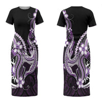 Purple Black Aloha Hawaii Couples Matching Short Sleeve Bodycon Dress and Long Sleeve Button Shirt Polynesian Shark Tattoo Plumeria LT14 - Polynesian Pride