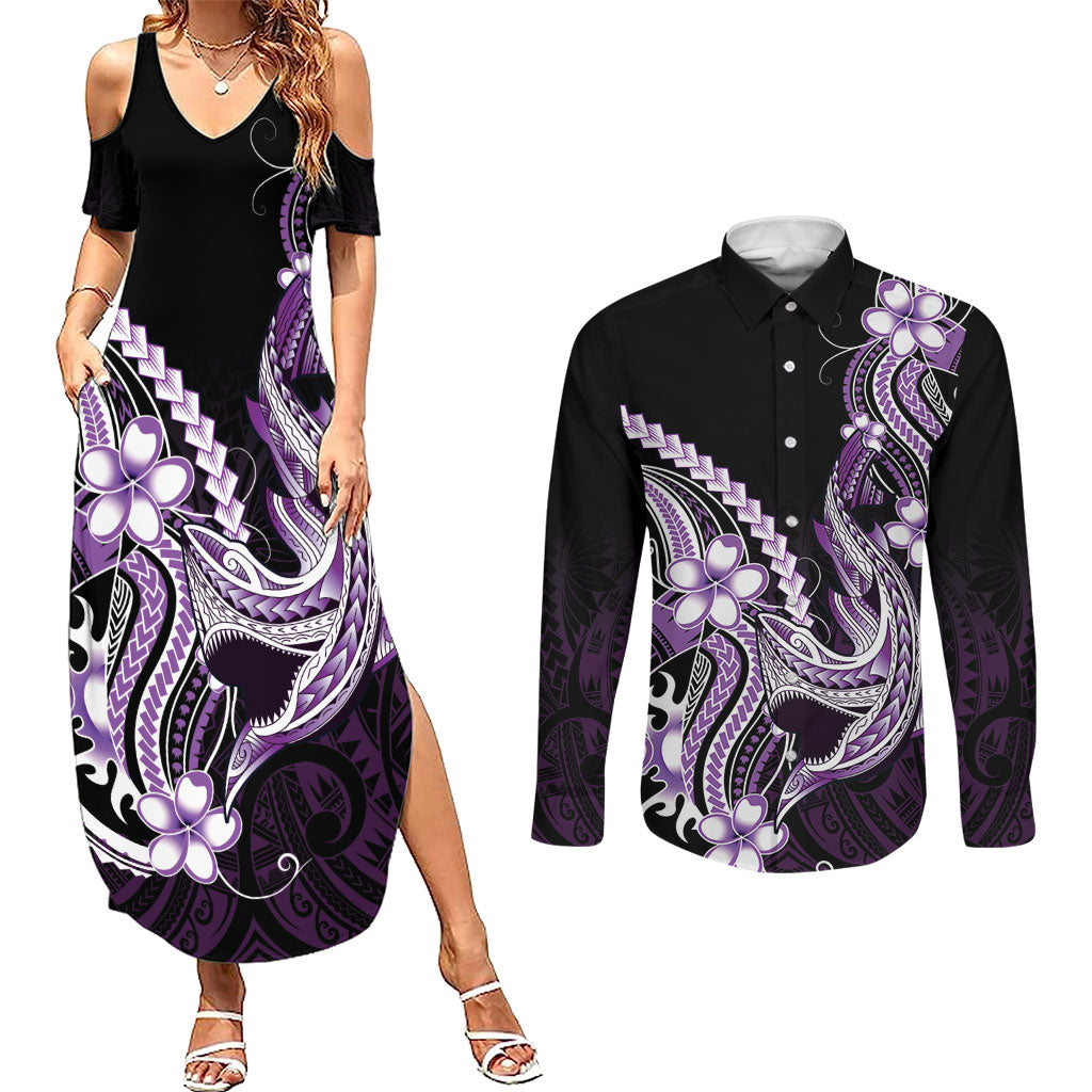 Purple Black Aloha Hawaii Couples Matching Summer Maxi Dress and Long Sleeve Button Shirt Polynesian Shark Tattoo Plumeria