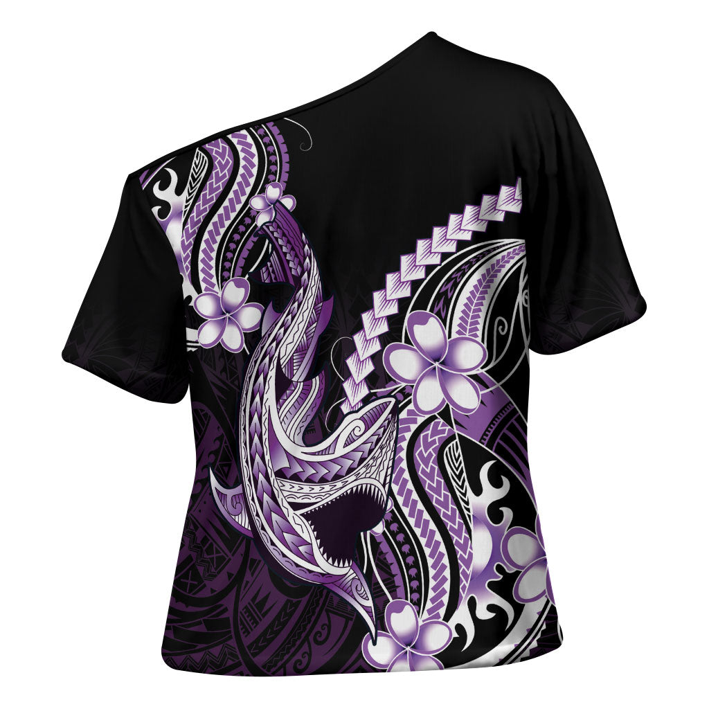 Purple Black Aloha Hawaii Cross Shoulder Shirt Polynesian Shark Tattoo Plumeria