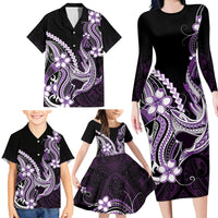 Purple Black Aloha Hawaii Family Matching Long Sleeve Bodycon Dress and Hawaiian Shirt Polynesian Shark Tattoo Plumeria
