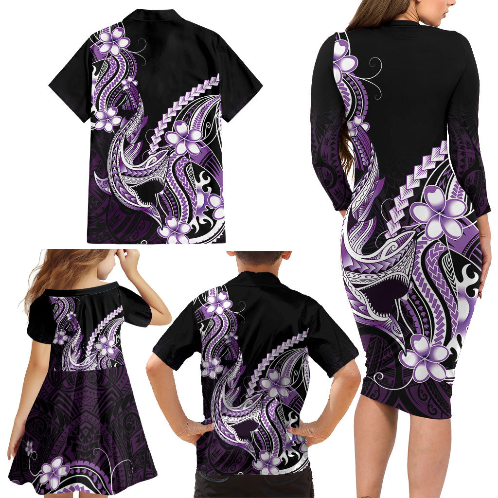 Purple Black Aloha Hawaii Family Matching Long Sleeve Bodycon Dress and Hawaiian Shirt Polynesian Shark Tattoo Plumeria