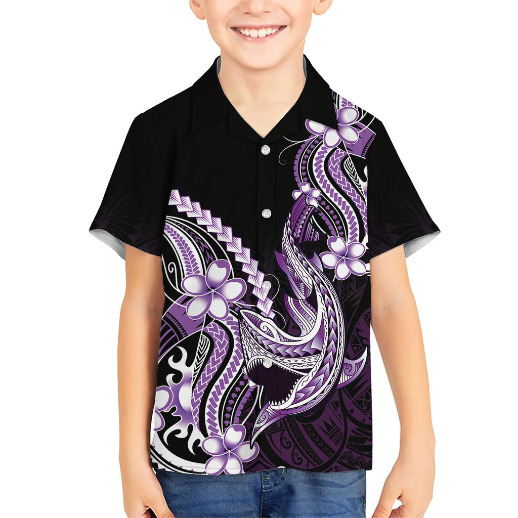 Purple Black Aloha Hawaii Family Matching Long Sleeve Bodycon Dress and Hawaiian Shirt Polynesian Shark Tattoo Plumeria