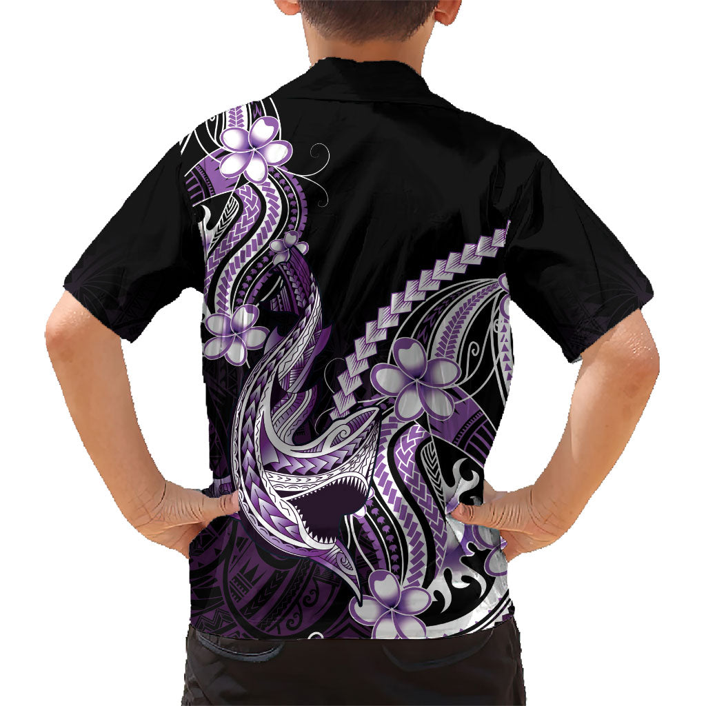 Purple Black Aloha Hawaii Family Matching Off Shoulder Maxi Dress and Hawaiian Shirt Polynesian Shark Tattoo Plumeria